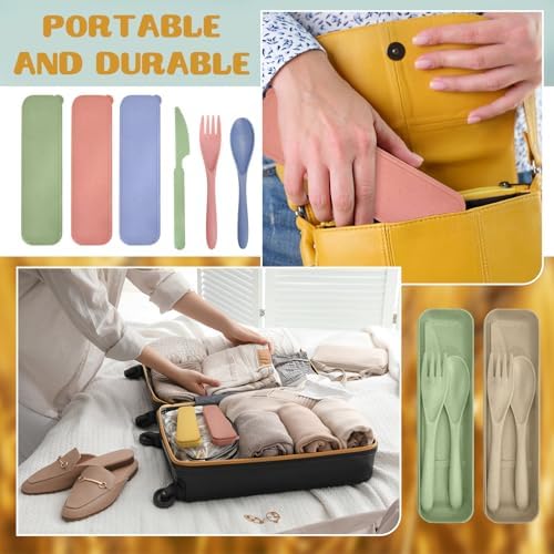 60 Sets Wheat Straw Silverware Set Bulk Wheat Straw Cutlery Lunch Box Accessories Reusable Travel Utensils Set with Case for Operation Christmas Child Items Bulk Kids Adults Camping(Light Color) - Image 5
