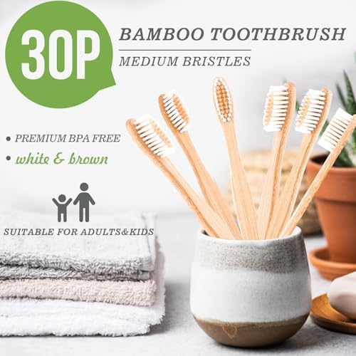 30 PCS Bamboo Toothbrushes Pack, Natural & Eco-Friendly Wooden Toothbrush - Image 2