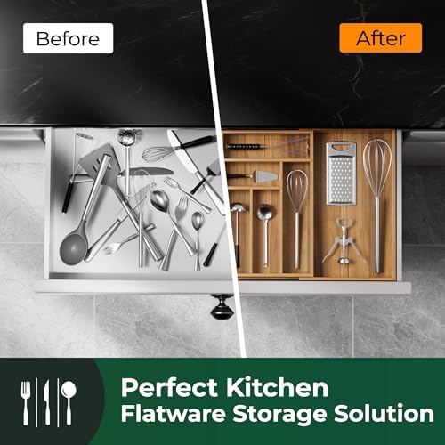 Large Silverware Organizer, 13 Slots Magnetic Connected Expandable Acacia Wood Utensil Drawer Organizer From 21 to 37.4 Inches, Adjustable Flatware and Cutlery Holder, Utensil Tray for Kitchen Natural - Image 6