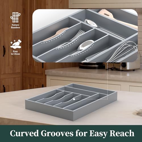 Bamboo Silverware Organizer, Kitchen Drawer Organizer, Utensil Holder, Cutlery Tray & Spoon Flatware Storage with Grooved Drawer Dividers (Grey, 12.5''W x 16.5''D) - Image 4