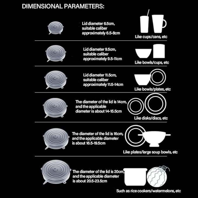 Reusable Silicone Stretch-Lid Set – 6 Sizes (2.4″-7.1″), Crystal-Clear, BPA-Free, Airtight Food-Saver Covers for Bowls, Cans, Half Fruit & Veg | Microwave, Freezer & Dishwasher Safe – 65 g Pack