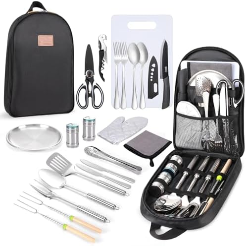 Portable Camping Kitchen Utensil Set-27 Piece Cookware Kit, Stainless Steel Outdoor Cooking and Grilling Utensil Organizer Travel Set Perfect for Travel, Picnics, RVs, Camping, BBQs, Parties and More by Freehiker