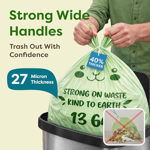 13 Gallon Compostable Trash Bags (40 Count) — Leakproof Plant-based Thick (1.1 Mil) Tall Kitchen Garbage Bags — ASTM D6400 BPI Certified — Heavy-Duty Large Food Scrap Liner Bag with Handle-Tie - Image 6