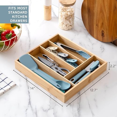 COOK WITH COLOR Bamboo Kitchen Utensil Set with Drawer Organizer | Cooking Tools and Storage Caddy, Blue, 18 Piece Gadget Set - Image 5