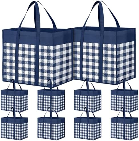 WOWBOX Reusable Grocery Bags,10-Pack, Foldable Reusable Shopping Tote Bags bulk with Reinforced Handles,Large Storage Bags with Water Resistant Coating for Groceries,Multipurpose,Blue-White by WOWBOX