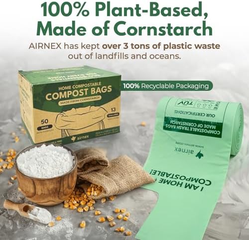 AIRNEX Compostable Kitchen Trash Bags 13 Gal - Cornstrarch Leakproof & Tear Resistant 50 Compost Bags - OK Compost Home & Seedling Certified 0.25 mm Kitchen Garbage Bags - Image 4