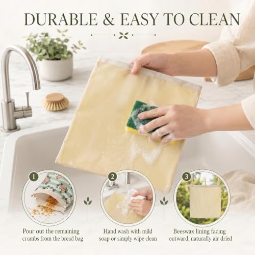 Britimes Reusable Bread Bags Set, Beeswax, XL, Zero Waste, Floral Clover - Image 6