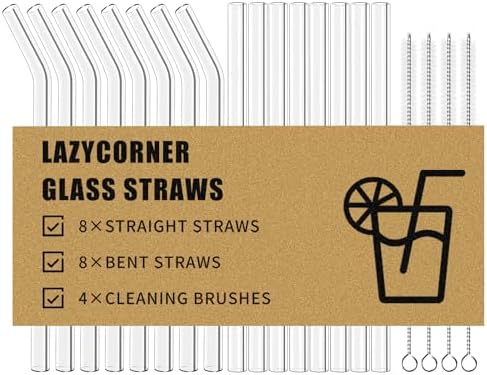 Lazycorner Reusable Glass Straws Set 16 Pcs 8.5''x 10MM Bent Straight Clear Glass Drinking Straws Set of 8 Straight and 8 Bent with 4 Cleaning Brushes Perfect For Smoothies, Tea, Juice-Clear Cocktail. by Lazycorner