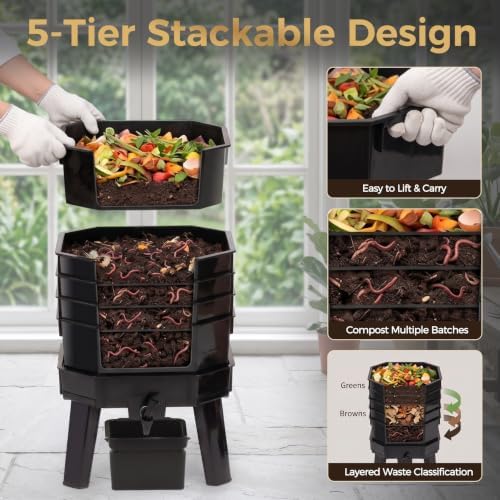 72.5L 5-Layer Stackable Worm Farm Compost Bin, Easy‑Setup Complete Worm Composter Kit, Indoor Outdoor Use for Kitchen Food Waste & Organic Compost Production - Image 7