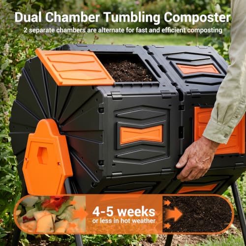 Marcytop Compost Tumbler, Easy Assemble & Efficient Outdoor Compost Bin, 45 Gallon/170 Liter Large Dual Chamber Rotating Composter for Garden, Kitchen, and Yard Waste, Orange Door - Image 6