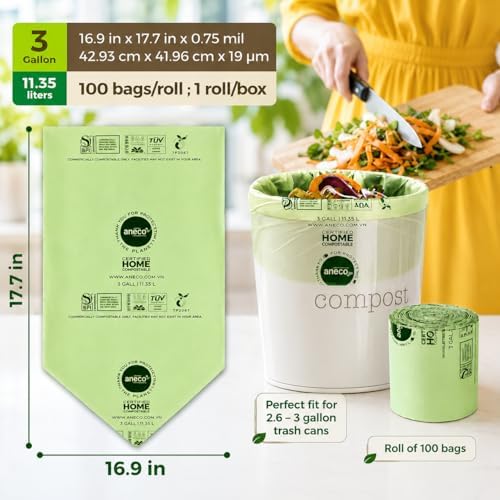 ANECO 100% Compostable Food Waste Bags 3 Gallon, 100 Count - Image 5