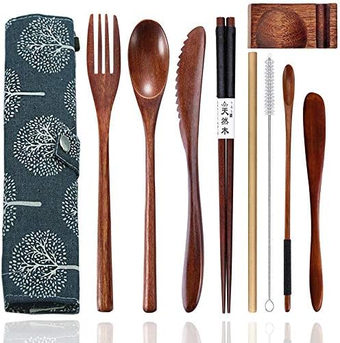 bamboo Utensils for Eating Reusable wooden travel flatware set with Case 9 Pcs durable wooden cutlery wooden spoons forks and chopsticks Wood Flatware Set with Knife Fork Spoon Chopsticks Straw by Busnos