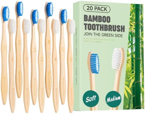 Bamboo Toothbrushes, Plant-Based Soft & Medium 20 Pack by BlueForestEra
