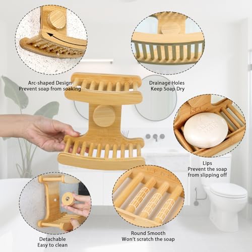 Suction Cup Soap Dish for Shower，Bamboo Soap Dish Holder for Shower, Suction Cup NO-Drilling, Self Draining for Bathroom，Natural Bamboo Color (Double soap Holder, Rectangular) - Image 3