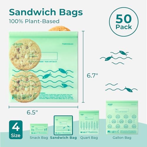 Fit Meal Prep 50 Pack 100% Compostable Sandwich Bags, 6.5 x 6.7" Resealable Food Storage Freezer Bags, Eco Friendly Snack Bags for Travel, ASTM D6400, US BPI & EU OK Compost Certified - Image 2