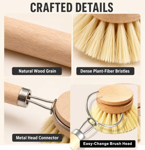 Natural Bristle Dish Brush with 3 Refill Heads, Long Handle - Image 4