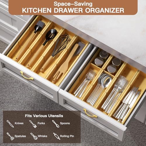 DUJEN 2 Pieces Bamboo Drawer Organizer 12.5'' X 6'' X 2'', Adjustable 2 Individual Junk Drawer organizer for Bathroom and Kitchen, Wood Drawer Organier Boxes for Jewellery, Make up and Tea Bag - Image 5