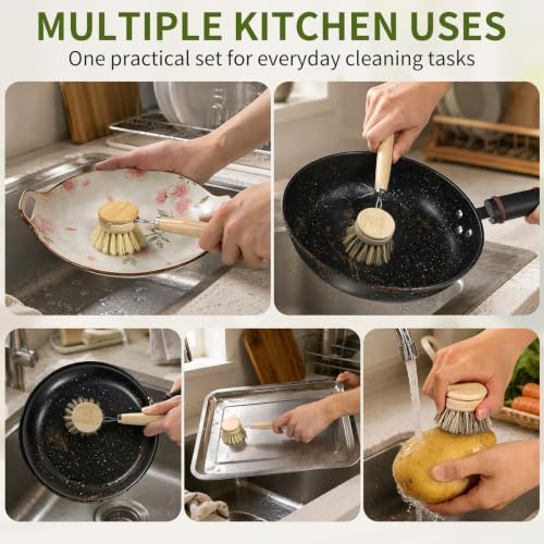 Bamboo Dish Brush with Handle, Natural Dish Brush Set Includes 2 Replacement Brush Heads, Kitchen Scrub Brush with Sisal and Palm Bristle for Cleaning Dishes, Pans and Vegetables - Image 6