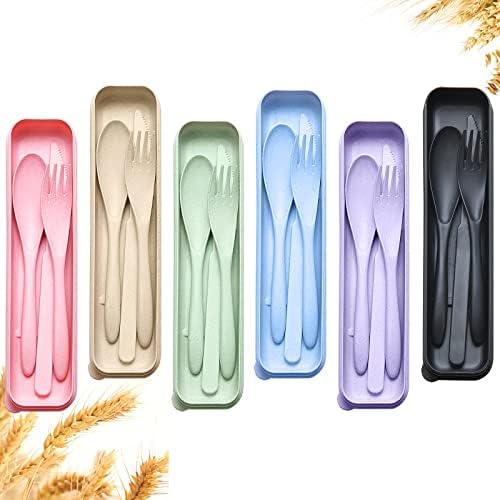 YDYTOP Reusable Travel Utensils Set with Case, 6 Sets Wheat Straw Portable Knife Fork Spoons Cutlery, Eco-Friendly BPA Free Plastic Tableware for Kids Adults School Lunch Party Picnic and Camping by YDYTOP