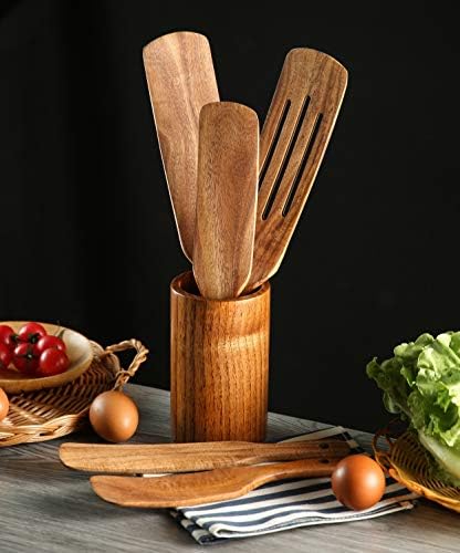 Wooden Spurtles Set with Holder, Natural Teak Kitchen Utensil Set of 6, Heat Resistant Non Stick Wood Cookware with Hanging Hole, Wood Spurtles Spatula Sets for Stirring, Mixing, Serving - Image 3