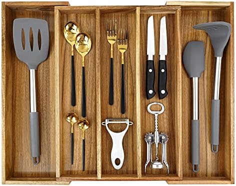EcoFives Luxury Acacia Silverware Organizer -Kitchen Drawer Organizer - Utensil Holder and Cutlery Organizer with Grooved Drawer Dividers for Flatware and Kitchen Utensils (5 Slot) by EcoFives