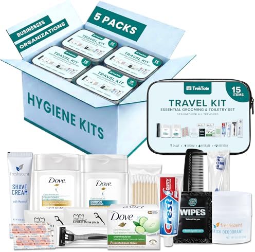 Complete 15 Piece Unisex Travel Hygiene Kit with Toiletries & Personal Care Essentials, TSA-Compliant, Individually Packaged in Clear Bag, Single or Bulk Packs (5 Pack) by TrekTote