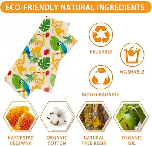 Reusable Beeswax Wraps, Bees Honeycomb Monkey Wraps, 9 Pack Eco-Friendly Food Storage, Organic, Sustainable, Zero Waste, Plastic-Free, for Sandwich, Fruit, Bowl, Bread, 1XL, 3M, 5S - Image 3