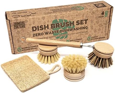 JUNGLE CULTURE Bamboo Dish Brush • 3 Swap Heads & Loofah Sponge • 4 Piece by JungleCulture