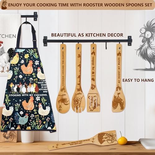 8 PCS Chicken Bamboo Cooking Spoon with Apron and Oven Mitts,Rooster Kitchen Utensil Decor Gifts for Women Chicken Lovers,Roosters Themed Decorations for Home,Housewarming,Birthday,Mother's Day,Easter - Image 5