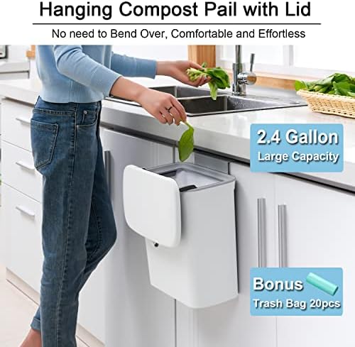 Tiyafuro 2.4 Gallon Kitchen Compost Bin for Counter Top or Under Sink, Hanging Small Trash Can with Lid for Cupboard/Bathroom/Bedroom/Office/Camping, Mountable Indoor Compost Bucket, White - Image 2