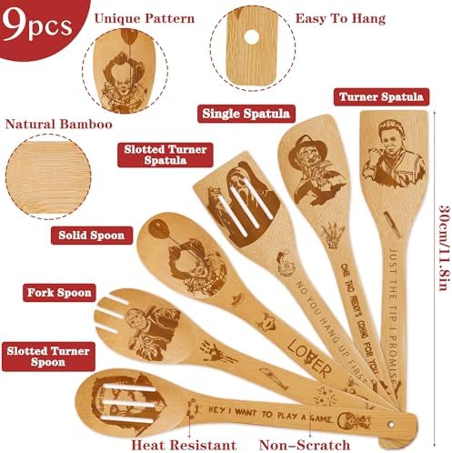 Horror Merch,9Pcs Bamboo Cooking Utensils Set,Spoons with Apron Oven Mitts Pot Holder,Halloween Horror Gifts for Men Women,Horror Decor,Horror Collectibles,Spooky Kitchen Accessories - Image 2