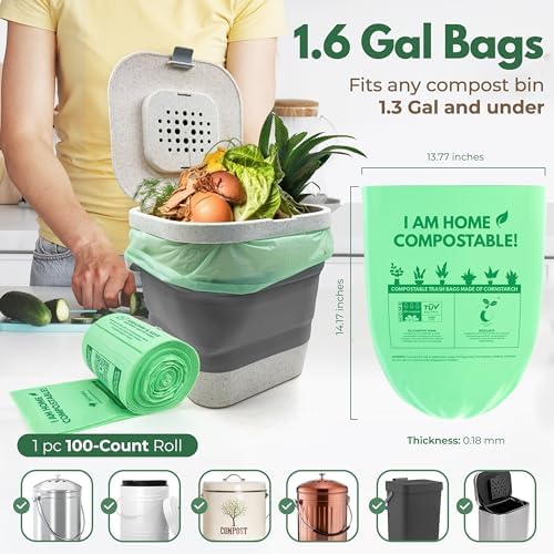 AIRNEX Small Compost Bags 1.6 Gal - 100 Compostable Kitchen Trash Bags for Countertop Bin - Cornstarch Leakproof & Tear-Resistant - OK Compost Home & Seedling Certified 0.18 mm Kitchen Garbage Bags - Image 2