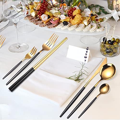 AARAINBOW 8 Pieces Stainless Steel Flatware Set Portable Reusable Cutlery Set Travel Utensils Set Including Chopsticks Knife Fork Spoon Straws Cleaning Brush Dishwasher Safe (Black Golden) - Image 6