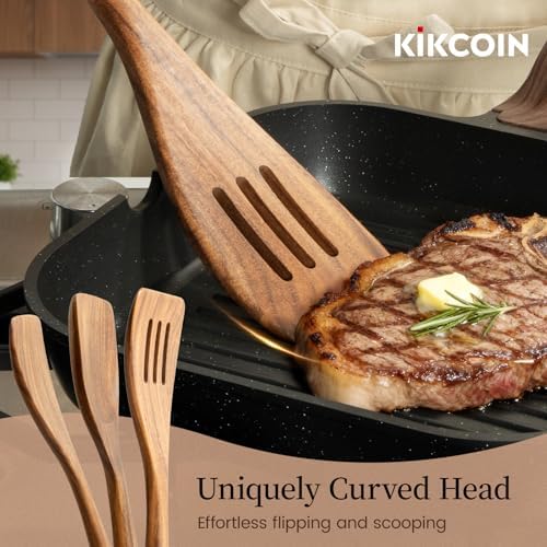 Kikcoin 7 PCS Durable Natural Teak Wooden Cooking Utensils Set, Non Toxic Wooden Spoons for Cooking, Wooden Utensil Set for Cooking with Comfort Grip, Nonstick & Easy to Clean Wood Kitchen Utensil Set - Image 5
