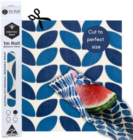 Honeybee Beeswax Wraps - Blue Leaf Pattern Beeswax Roll -Certified Organic Cotton Beeswax Wrap - Reusable Beeswax Wraps for Food - Plastic Wrap & Sandwich Bags Alternative - 40’’ x 13’’ by HONEYBEEWRAP