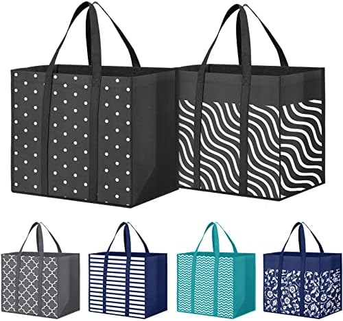 6 Pack Reusable Grocery Bags Waterproof Tote Bags for Shopping Groceries by Fabtotes