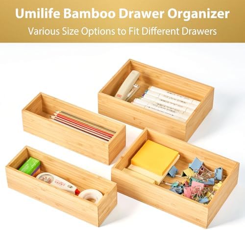 Umilife Bamboo Kitchen Utensils Organizer, Extra High Silverware Drawer Tray, Flatware Cutlery Storage Box, Multi-Use Holder in Office, Bathroom, Pantry - 15"x6"x2.5" (Set of 2) - Image 4