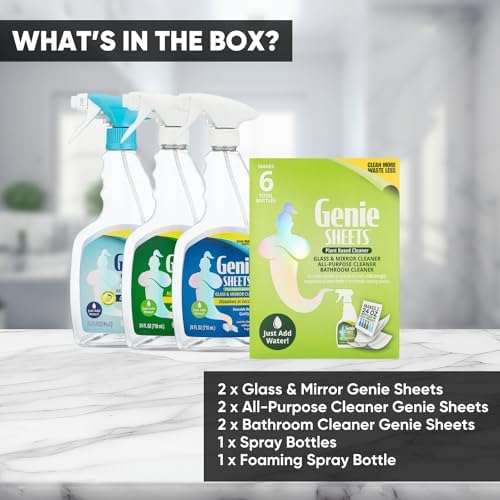 Genie Sheets All Purpose, Glass and Bathroom Cleaners Combo Pack | Concentrate Makes 6 24oz Refills with Spray Bottles | Just Add Water | Eco-Friendly Plant-Based | 6 Sheets - Image 6