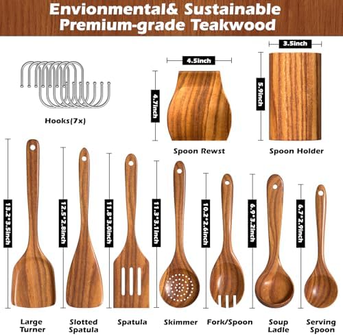 Wooden Spoons for Cooking, 10 Pcs Teak Wood Utensil Set for Nonstick - Image 2