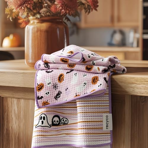 RECYCO Halloween Waffle Kitchen Towel Set of 2 - Quick Dry Microfiber Sustainable Dish Towels - Absorbent Reusable Cleaning Tea Towels - Lightweight Hand Towels,16”x 28”, Pink Boo by RECYCOHOMECOLLECTION