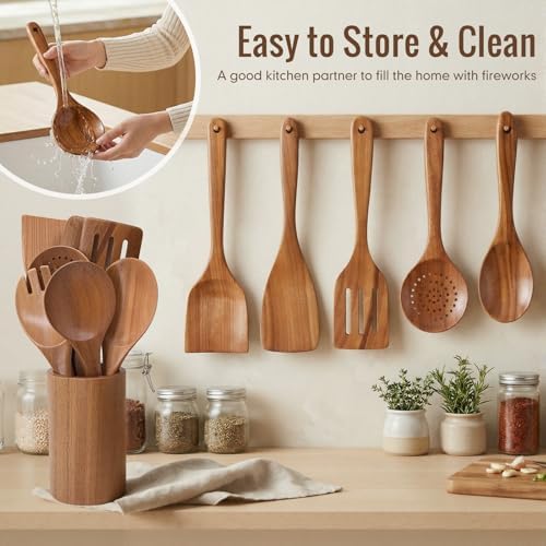 Wooden Cooking Utensils Set with Holder, 8 Pcs Teak Wood Kitchen Utensils - Image 5
