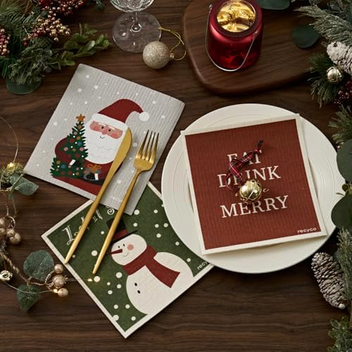 RECYCO 4 Pack Christmas Swedish Dishcloths for Kitchen | Classic Red Washable Dish Towels | Cellulose Reusable Cleaning Paper Towels | Absorbent Counter Dish Cloth Sponge Kitchen Wipes, 7" x 8" - Image 2