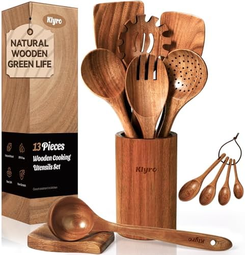 KLYRO Wooden Spoons for Cooking, Nonstick Kitchen Utensils Set with 4 Piece Measuring Spoons, Comfort Grip Wooden Spatula Set, 9 Piece Teak Wooden Cooking Utensils with Holder and Spoon Rest by KLYRO