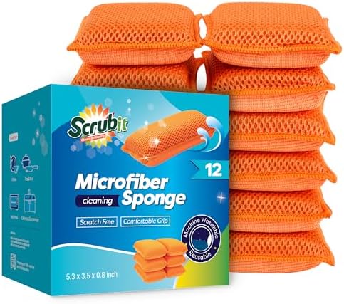 SCRUBIT Reusable Sponges for Dishes - 12 Pack Microfiber Sponges Kitchen Dish Scrubber, Machine Washable & Non-Scratch Scrubbers (Orange) by SCRUBIT