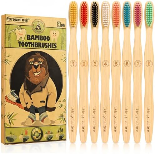 Tetragonal tree 8 Count Biodegradable Bamboo Toothbrushes - Natural Toothbrush Value Pack - Extra Soft Toothbrush for Adults, Good for Sensitive Teeth and Gums by Tetragonal+tree