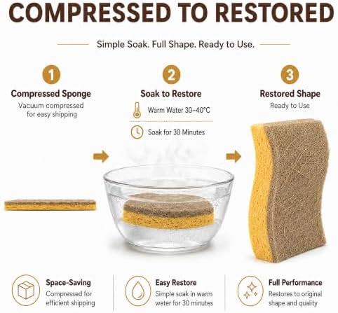 Natural Kitchen Sponges for Dish, 6 PCS Cellulose Sponge with Coconut Fiber - Image 5