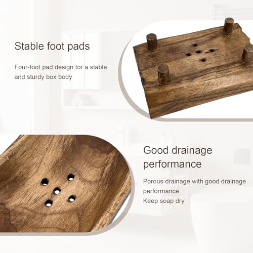 Natural Teak Wood Soap Holder, Automatic Draining Soap Tray with Drain Holes, Handmade Rustic Soap Dish & Countertop Soap Saver Stand for Bathroom and Kitchen - Image 4