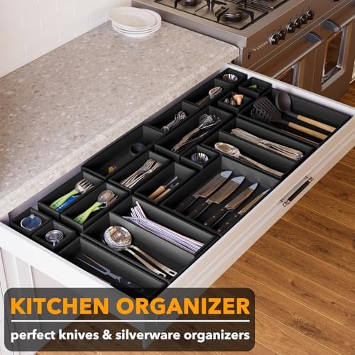 SpaceAid 21-Piece Bamboo Drawer Organizer Storage Boxes Set, Wood Tray Junk Drawer Organizers Multi-Use Divider Bins for Kitchen, Bathroom, Office Desk and Makeup Organization (21 Pack, Black) - Image 4