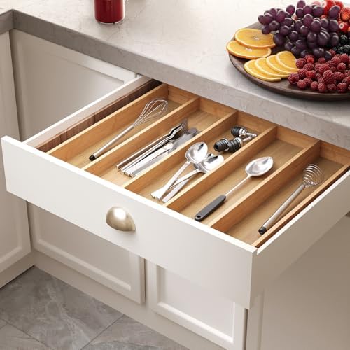 Fibogollo Expandable Bamboo Silverware Organizer, Kitchen Drawer Organizer - Image 4