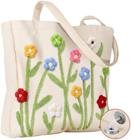 Floral Embroidery Canvas Tote Bag with Magnetic Closure for Daily by VelvetHue